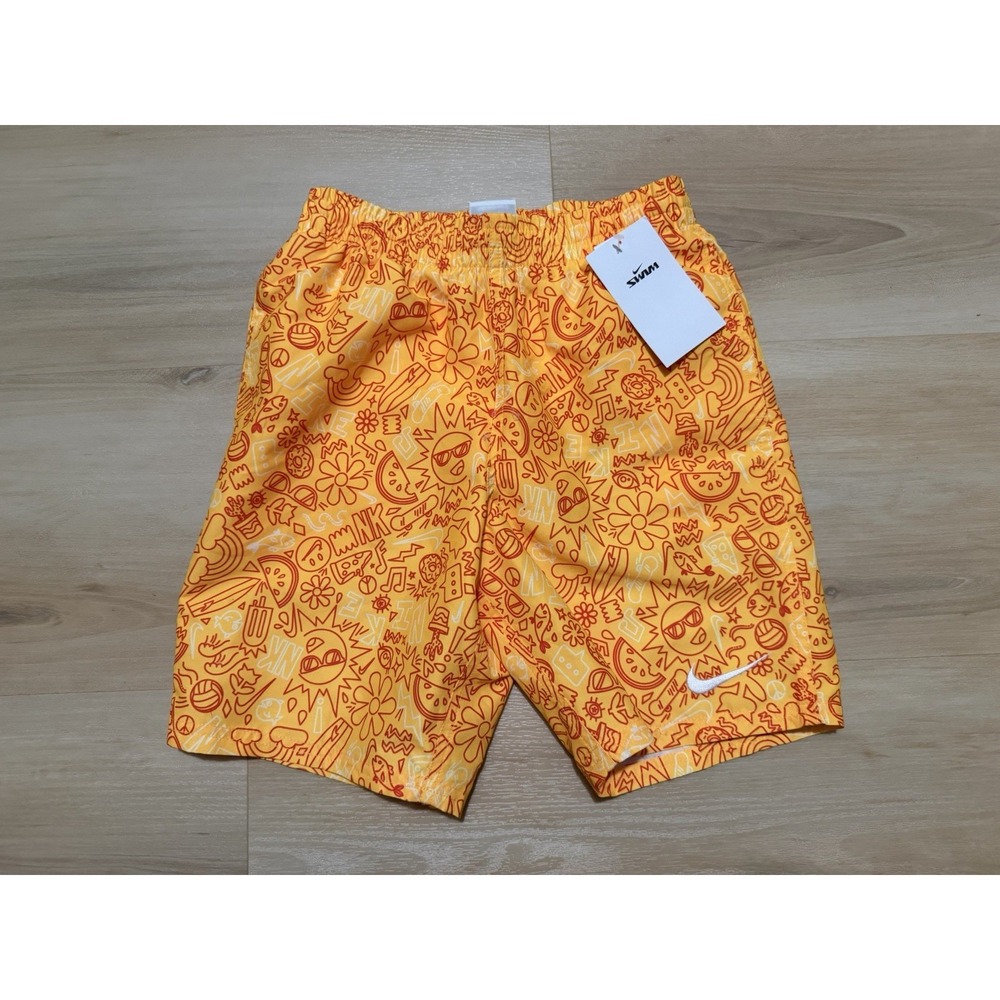 Nike Boys Medium Orange Doodle Print Swim Trunks NESSE809 818 Mesh Lined Shorts
